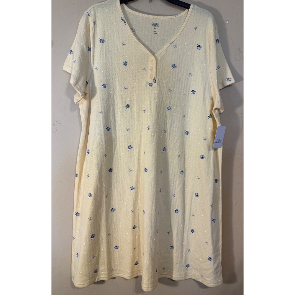 Croft & Barrow Nightgown Women XXL Yellow Floral Pointelle Henley SleepShirt NEW